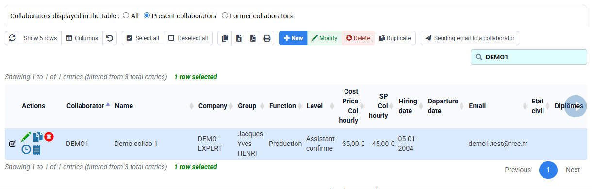 Tempolia screenshot: employee list
