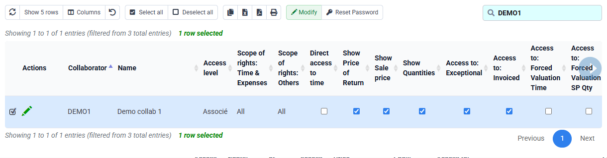 Tempolia screenshot: employee login rights