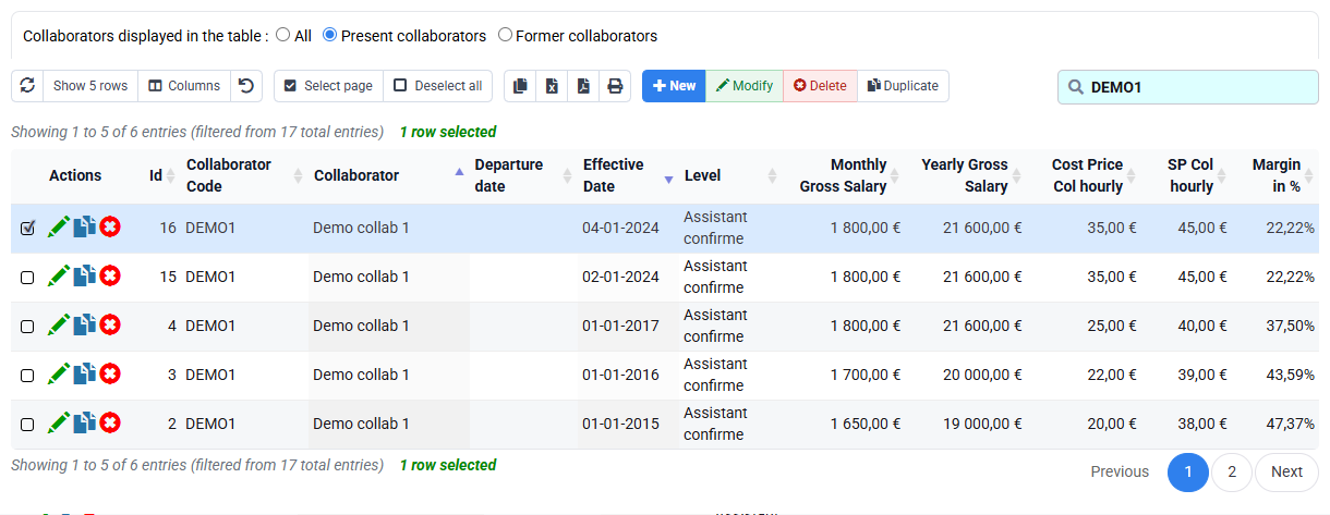 Tempolia screenshot: compensation history