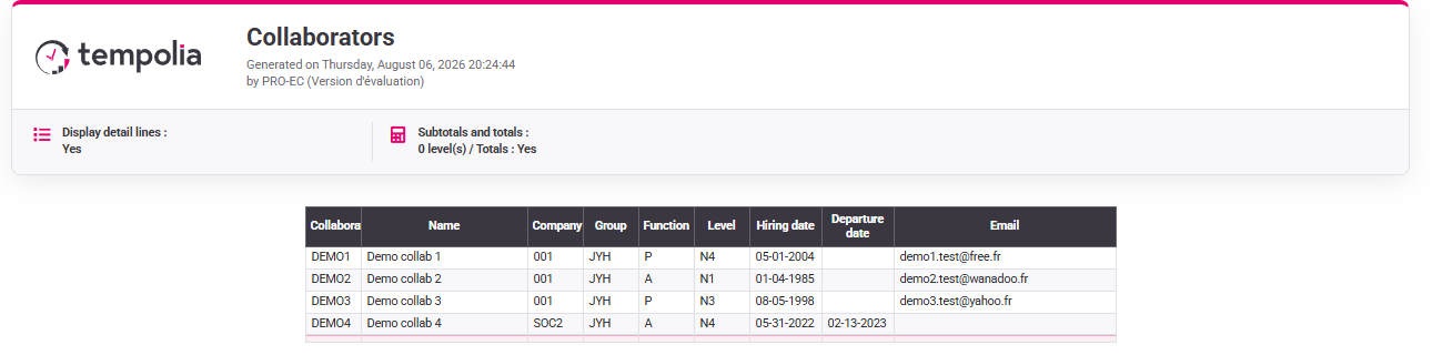 Tempolia report configuration form awaiting generated results