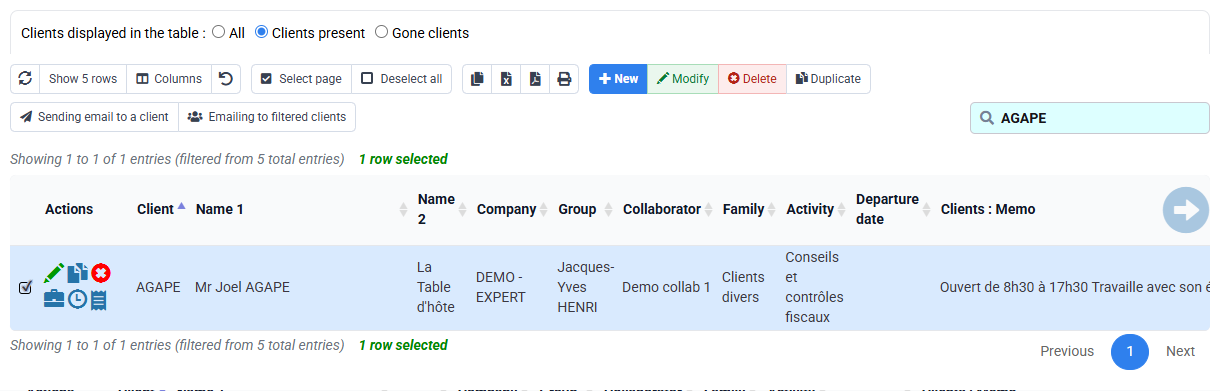 Tempolia screenshot: filtered client list