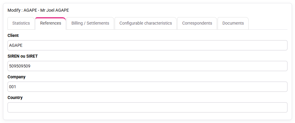 Tempolia screenshot: client identification record