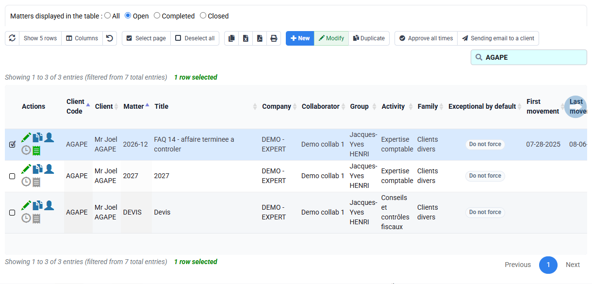 Tempolia screenshot: matters list