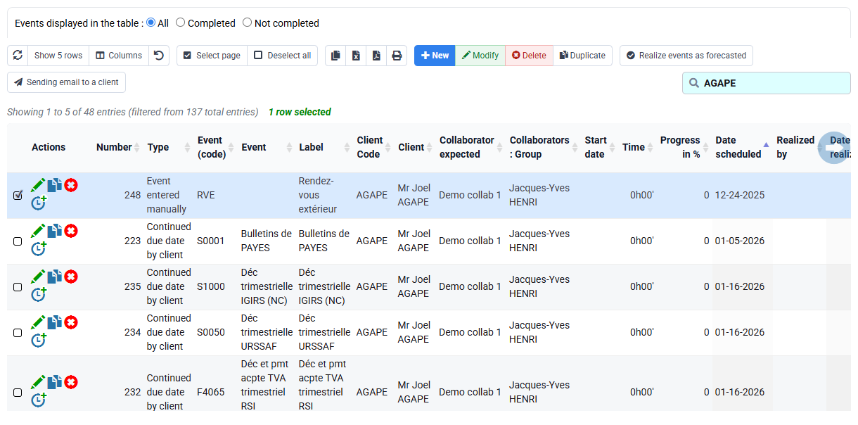 Tempolia screenshot: client and matter events