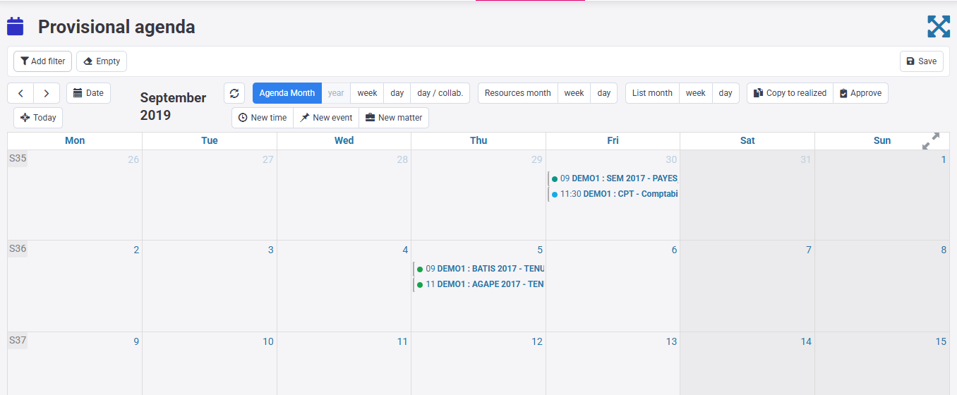 Tempolia forecast agenda showing workloads by matter and employee