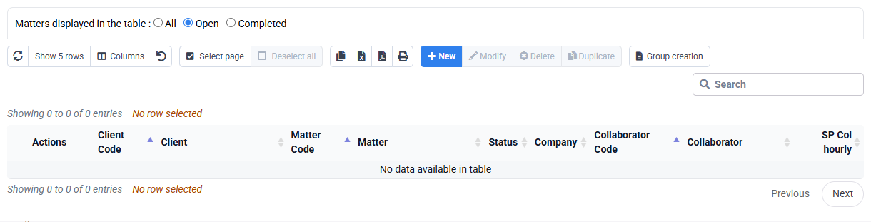Empty Tempolia employee and matter selling-price table