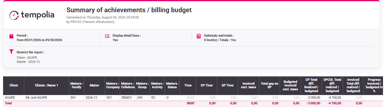 Tempolia screenshot: budget control report form