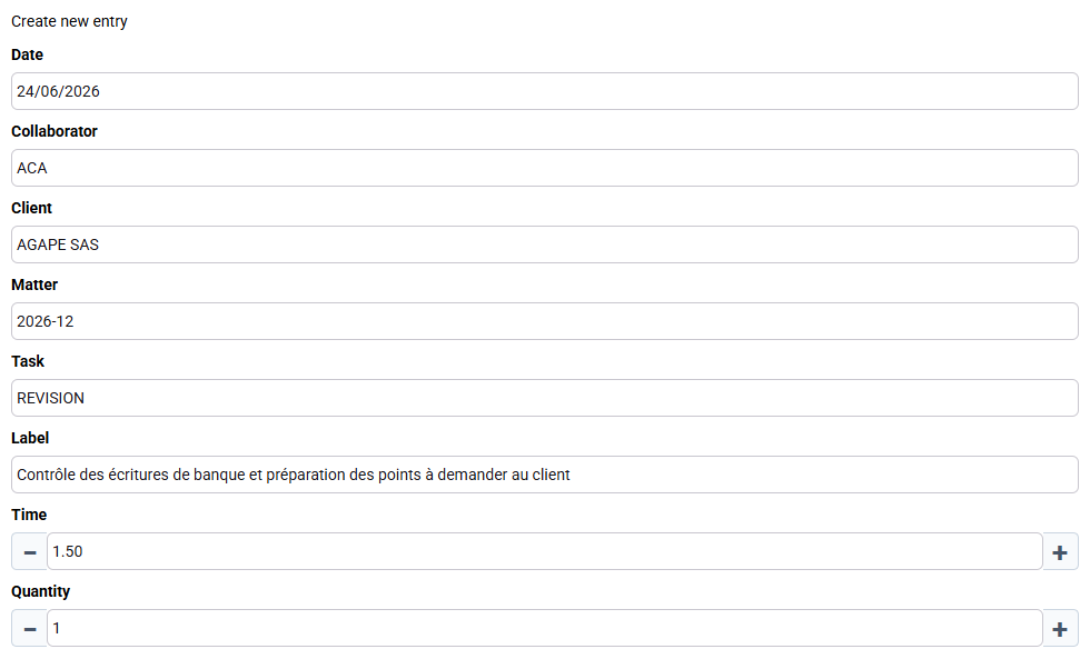 Tempolia screenshot: time-entry editor for the selected matter