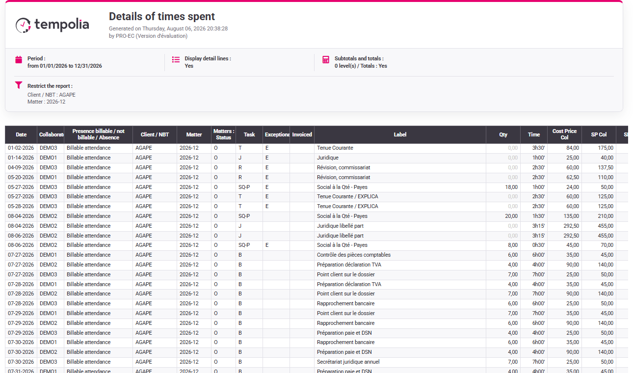 Tempolia screenshot: activity report form
