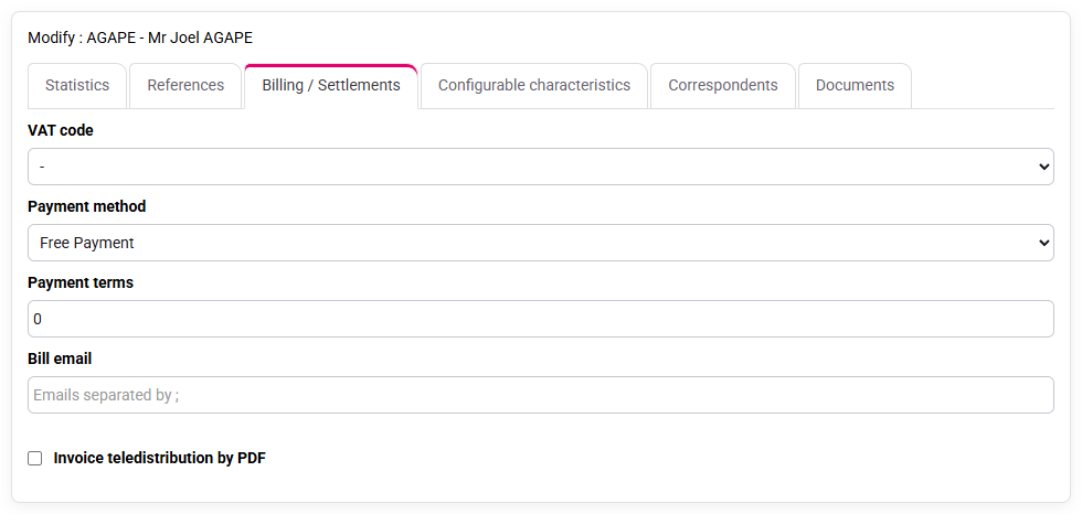 Client billing tab used to correct invoice data
