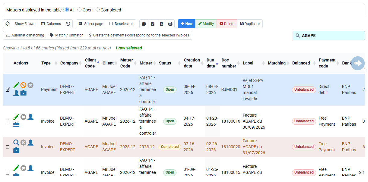 Customer movements showing an invoice and a rejected payment with their open status