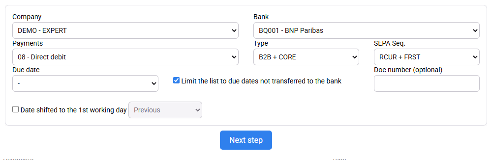 SEPA preparation with period, bank and due-date criteria