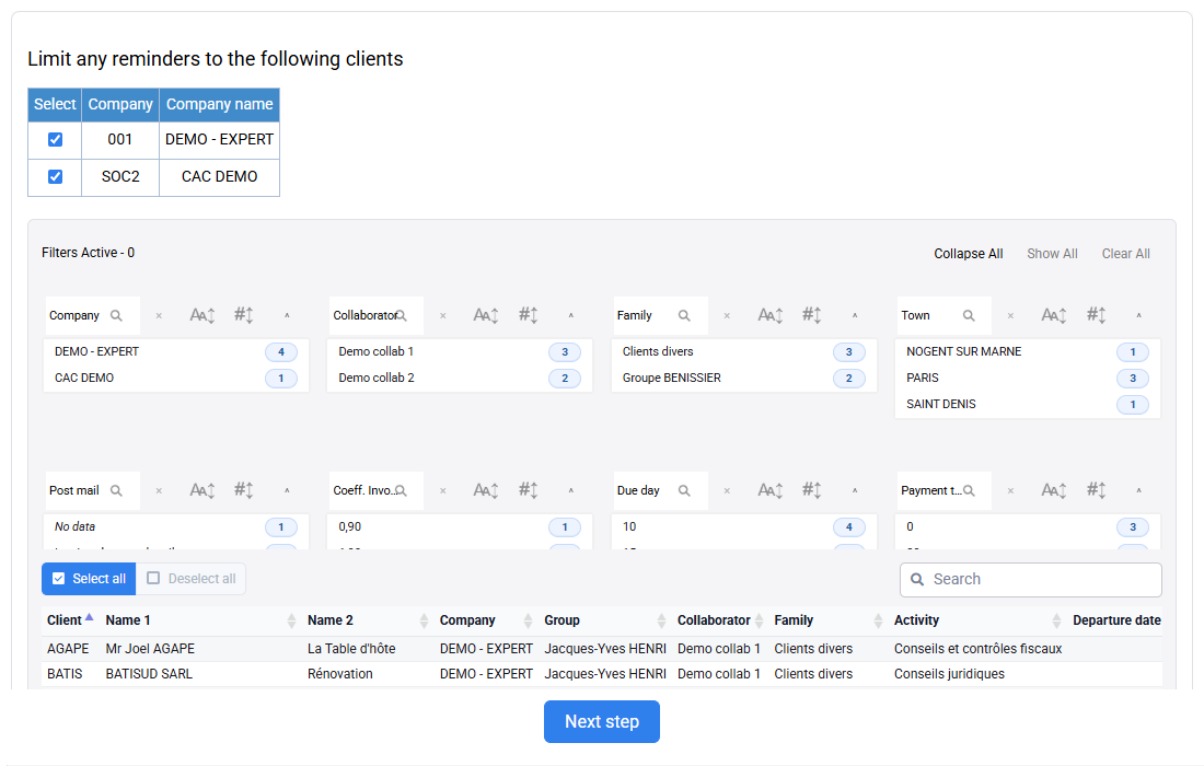 Reminder preparation with company and customer filters
