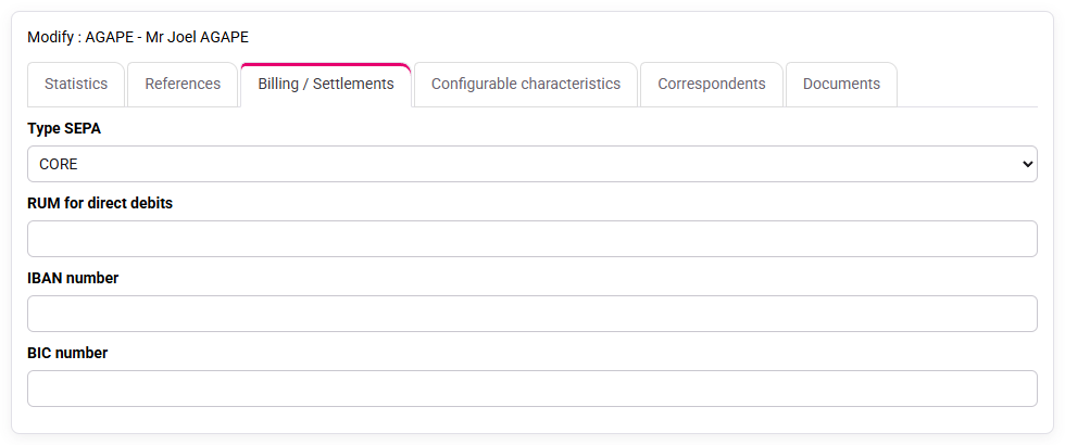 Customer billing tab with debit type, RUM, IBAN and BIC fields