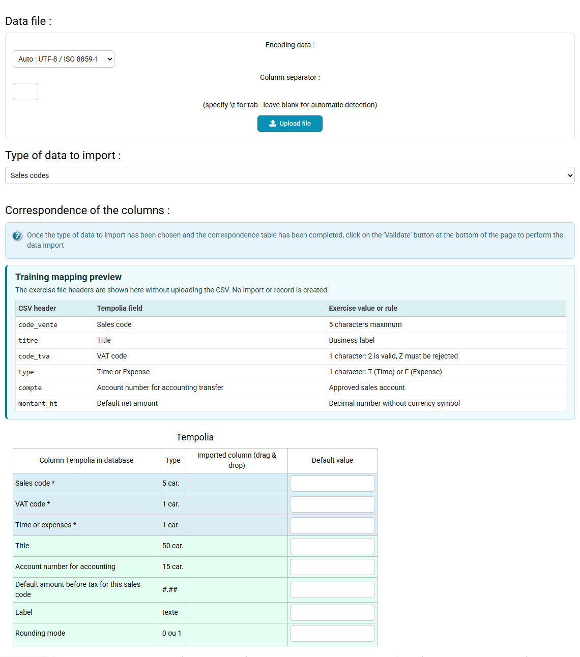 Sales-code import mapping from CSV headers to Tempolia fields