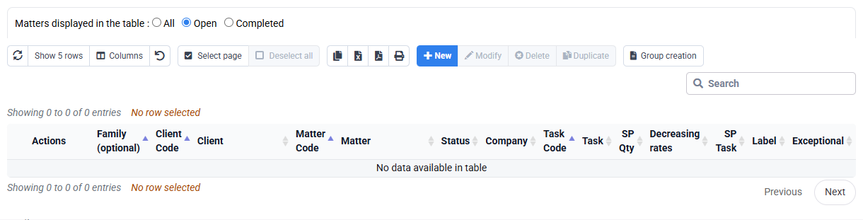 Task-price table for the selected filters
