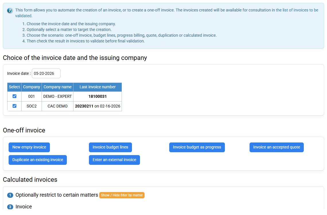 Invoice preparation with date, selected companies and creation routes
