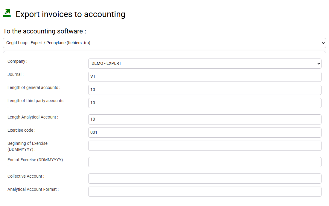 Sales accounting-export form with company, journal, dates and account settings