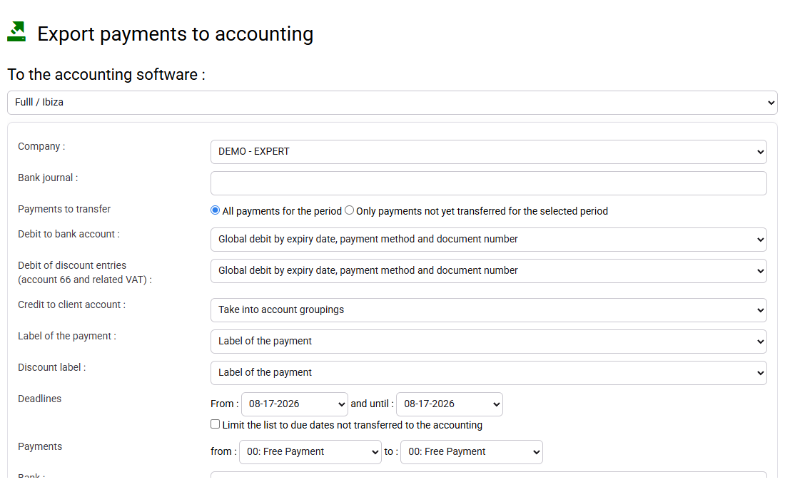 Payment export form before the selected bank journal and period are generated