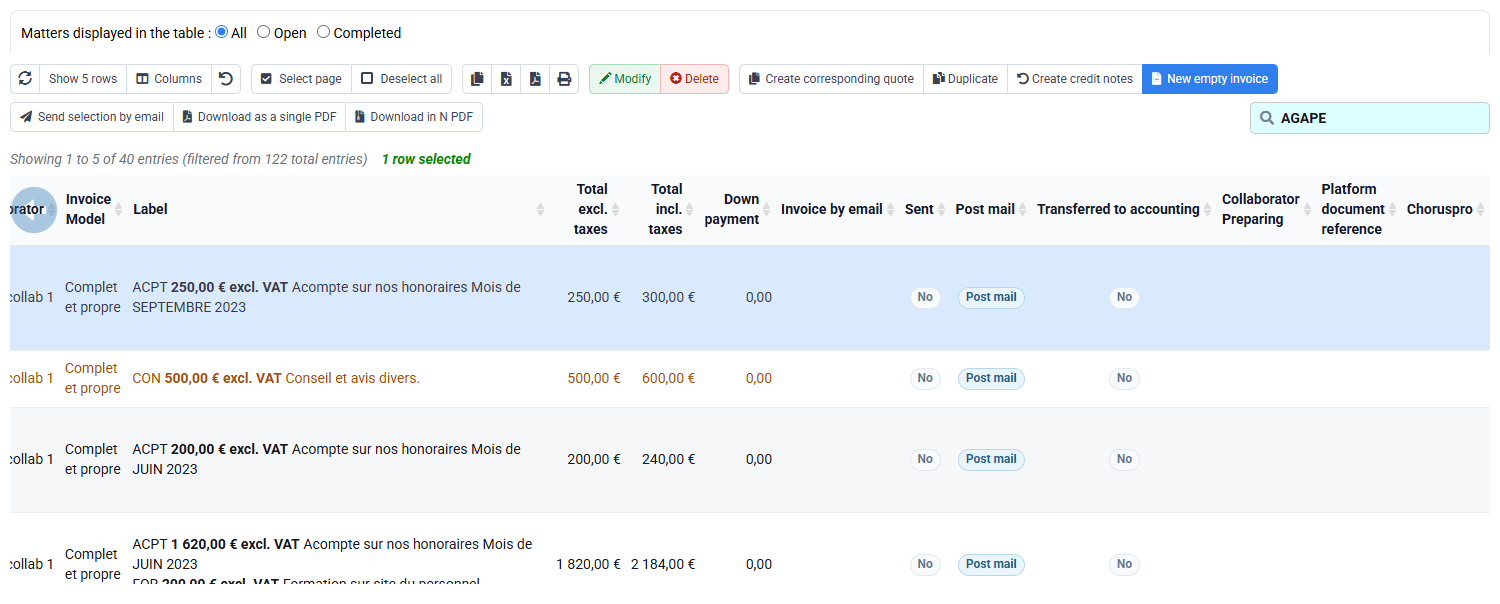 Sales journal filtered to one issued invoice, with reference, customer, date and amounts visible