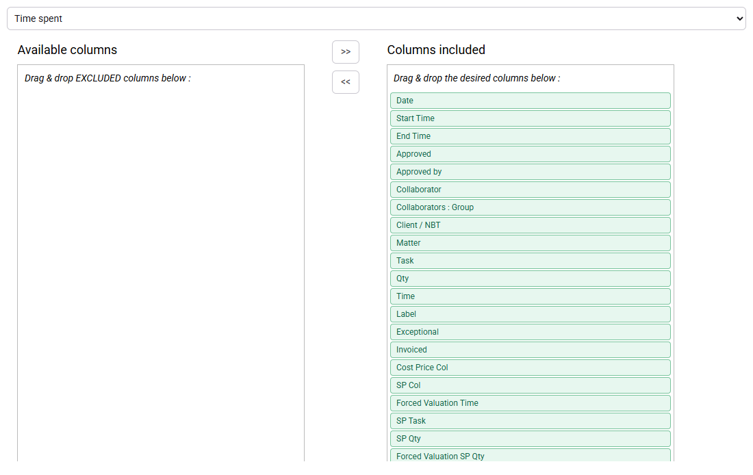 Export form set to Time entries with included columns and no generated file