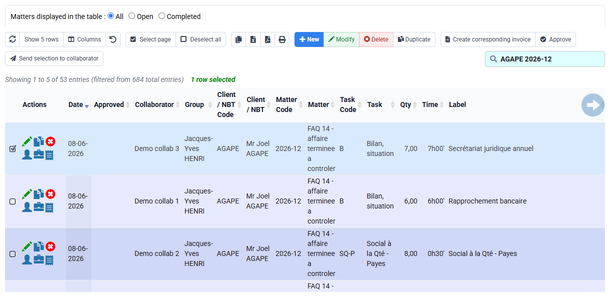 Time-detail table filtered to one customer, matter and period