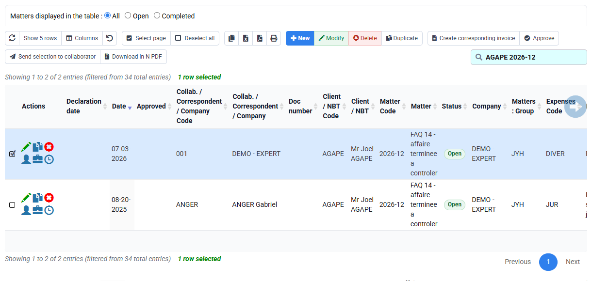 Expense rows filtered to one customer, matter and period
