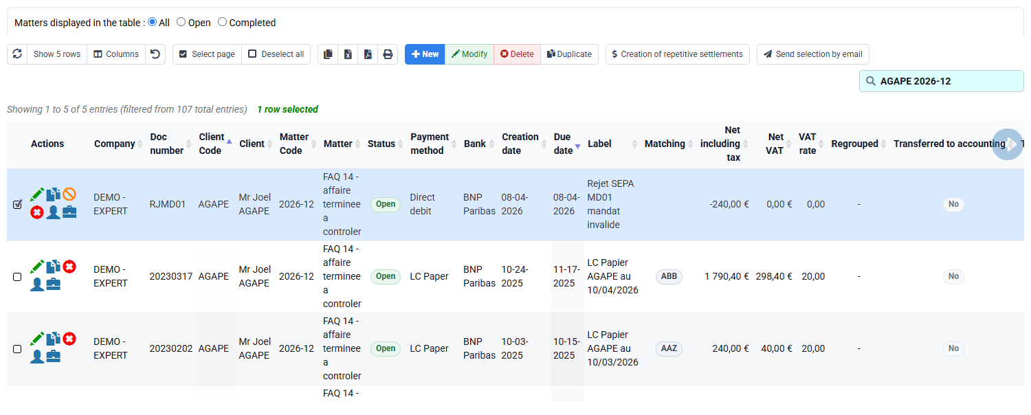 Payment list filtered to one customer, matter and period
