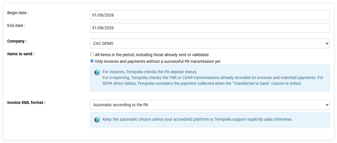 Options for company, period, transfer and XML format