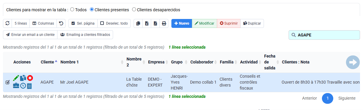 Captura de Tempolia: lista filtrada de clientes