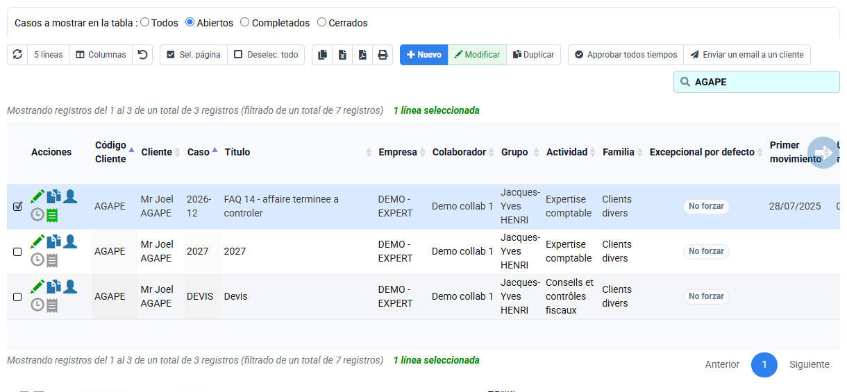 Captura de Tempolia: lista de asuntos