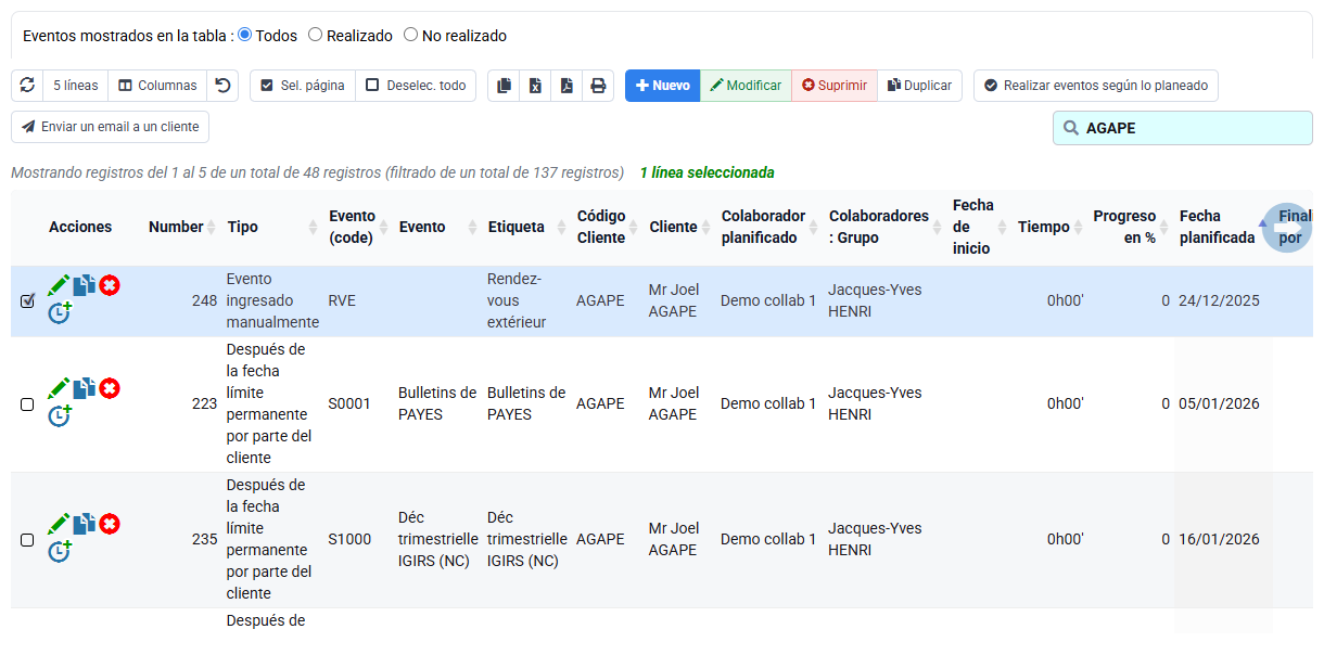 Captura de Tempolia: eventos de cliente y asunto