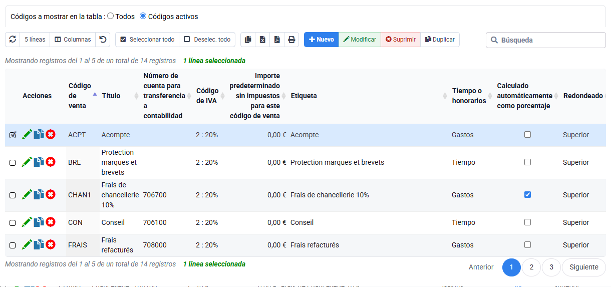 Referencia de códigos de venta utilizados por la factura