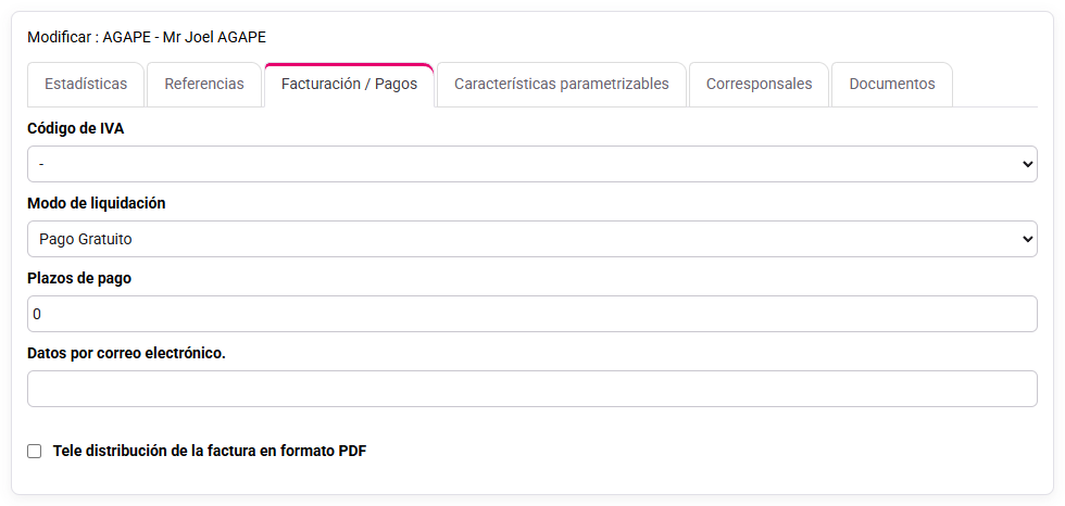 Ficha de facturación del cliente con destinatario y condiciones