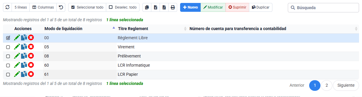 Configuración que muestra el código 05 con el título Virement (transferencia)