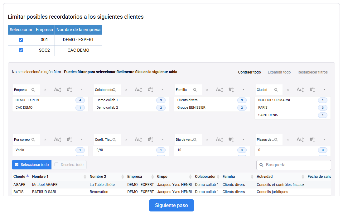 Preparación de reclamaciones con filtros por sociedad, cliente y asunto