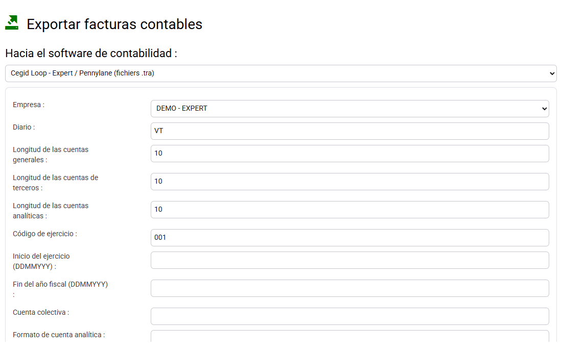 Formulario de export de ventas antes de indicar diario, fechas y resultado generado