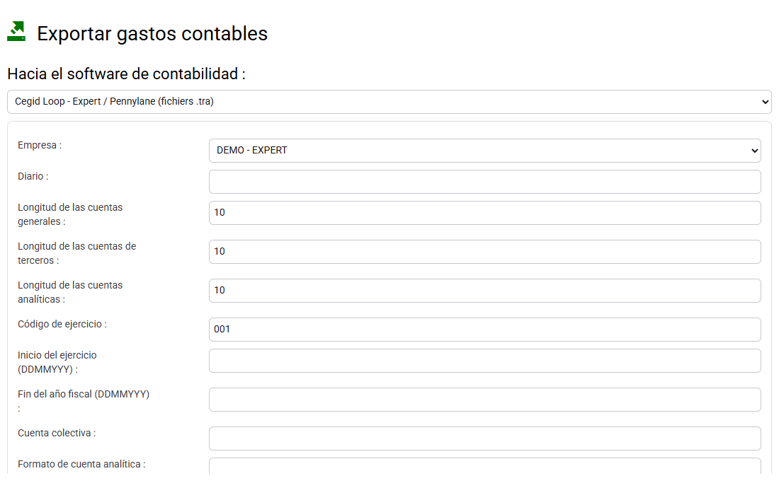 Export de gastos con filtros de periodo y cuenta
