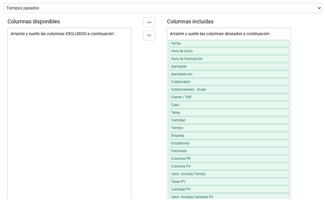 Formulario de export configurado en Tiempos empleados con columnas incluidas y sin fichero generado