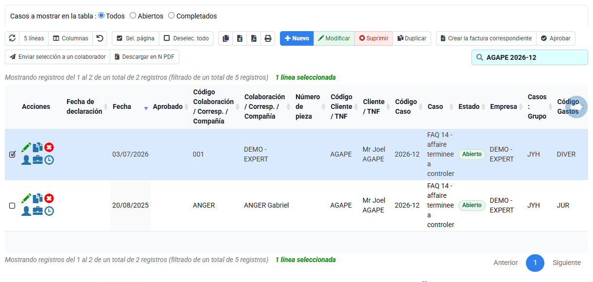 Gastos filtrados por un cliente, un expediente y un periodo