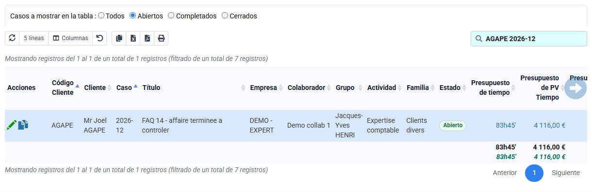 Campos de presupuesto del expediente seleccionado