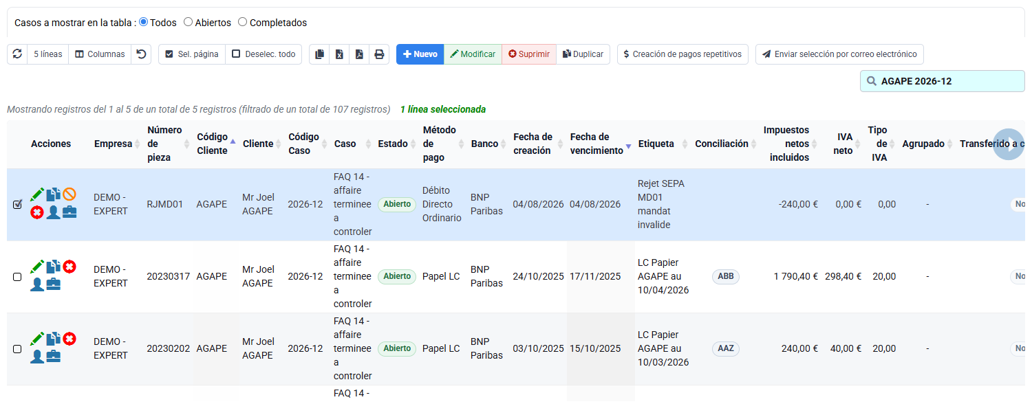 Lista de cobros filtrada por un cliente, un expediente y un periodo