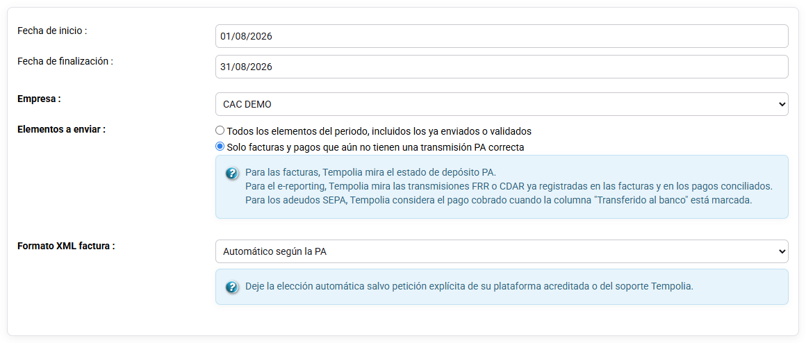 Opciones de sociedad, periodo, transferencia y formato XML