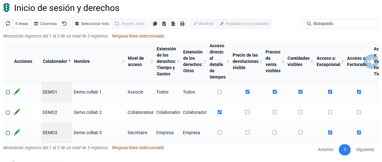 Captura de Tempolia que muestra la página de login y derechos donde renovar la contraseña de un colaborador