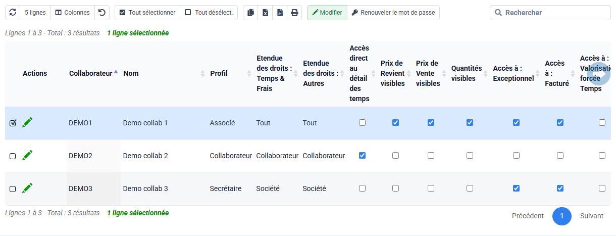 Capture Tempolia : Les logins collaborateurs relient chaque utilisateur à ses droits et profils applicatifs.