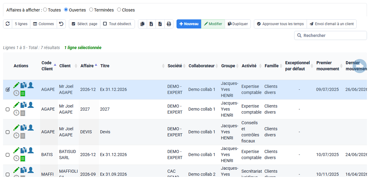 Capture Tempolia : La liste des affaires rattache clients, codes dossier, activités, responsables et états.