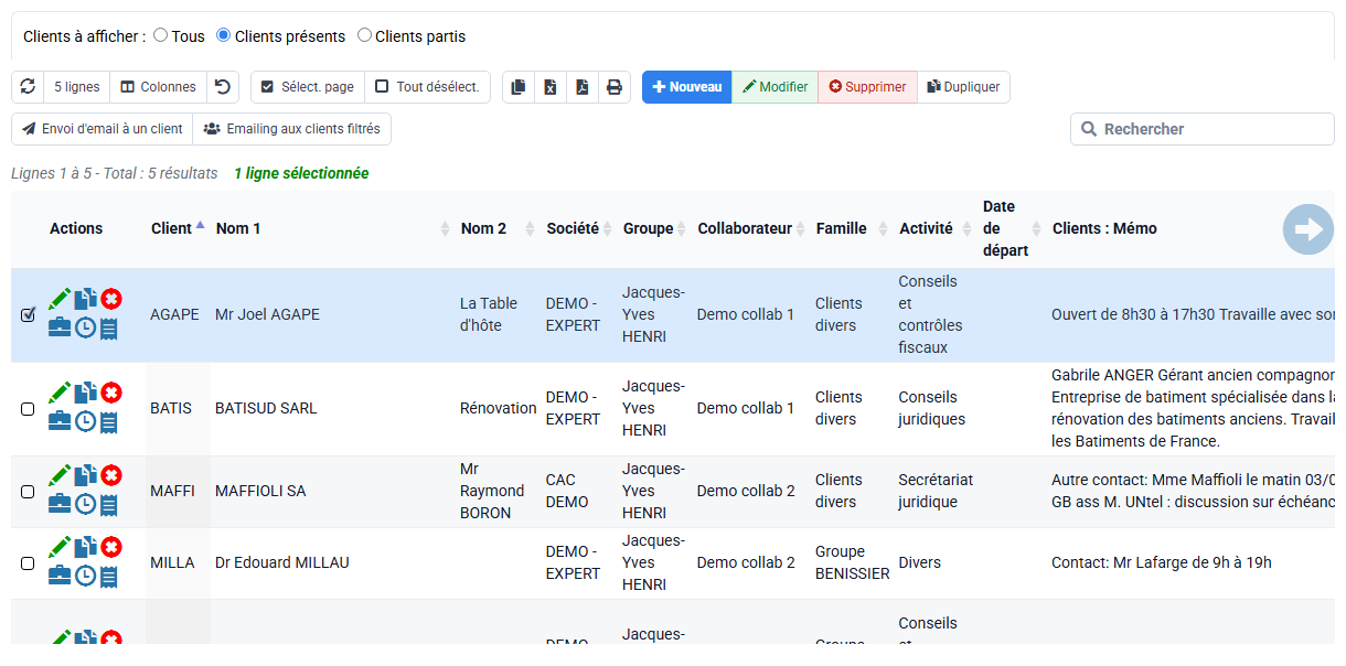 Capture Tempolia : La liste clients est le point de contrôle des identités, responsables, statuts et filtres.