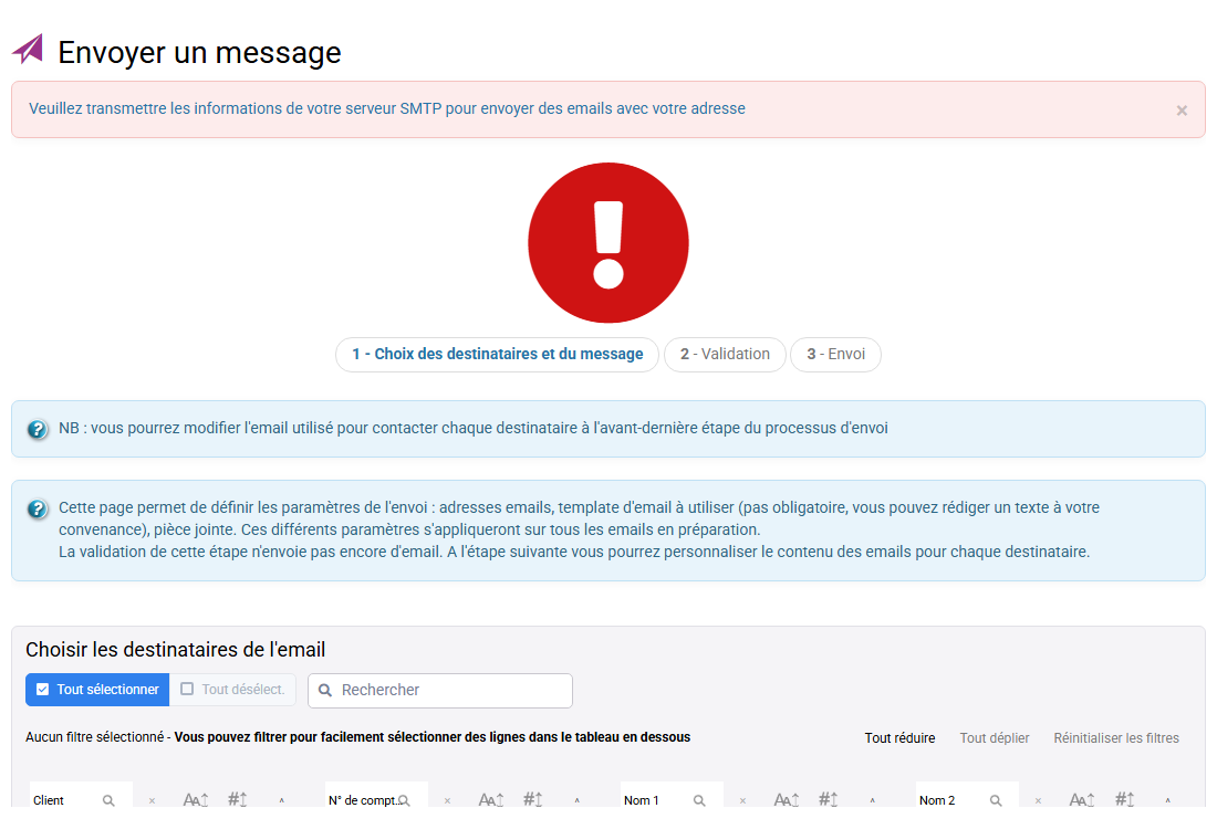 Écran d’envoi d’e-mails clients Tempolia