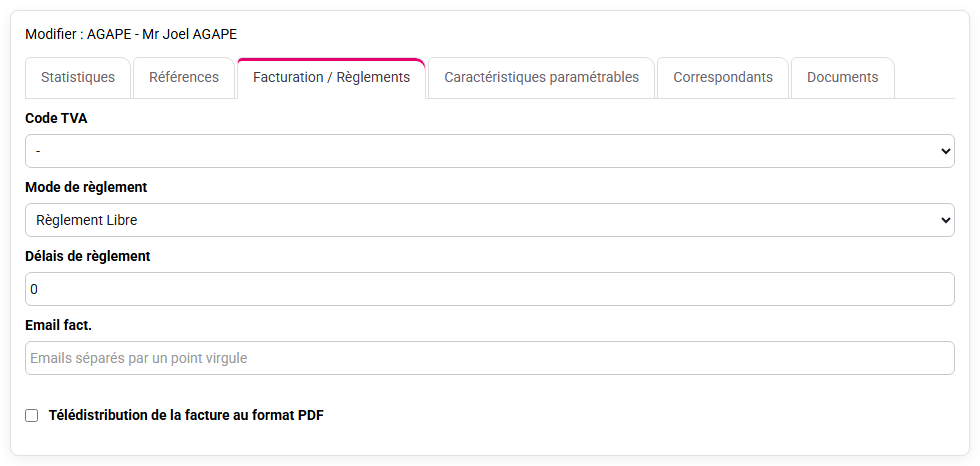 Paramètres de facturation du client