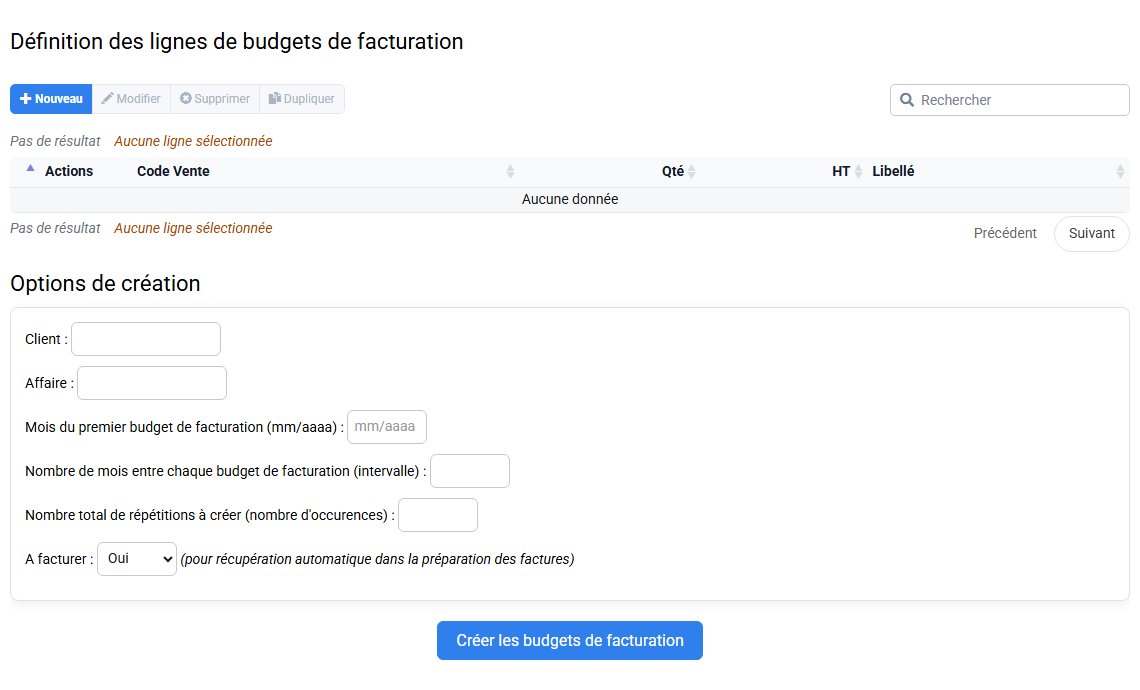 Formulaire de création répétitive des budgets de facturation